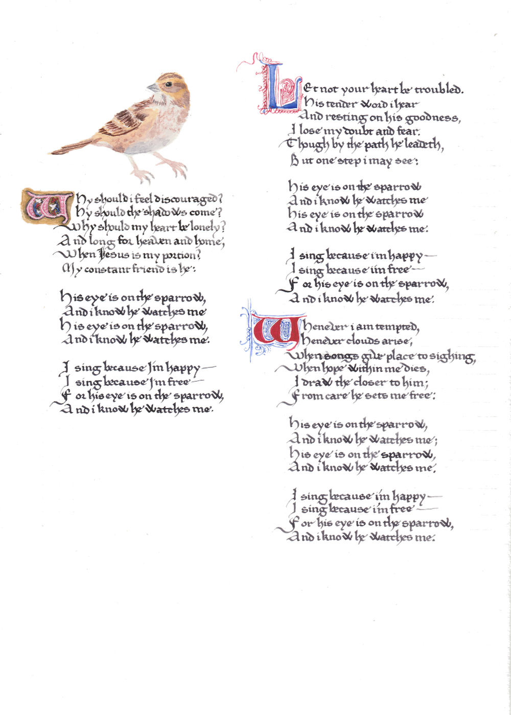 "His Eye is On the Sparrow" Hymn, Calligraphy & Watercolor Print