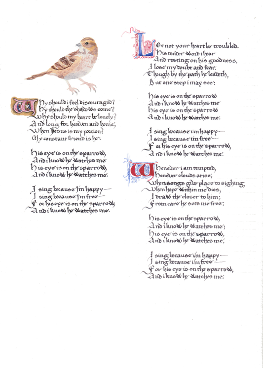 "His Eye is On the Sparrow" Hymn, Calligraphy & Watercolor Print