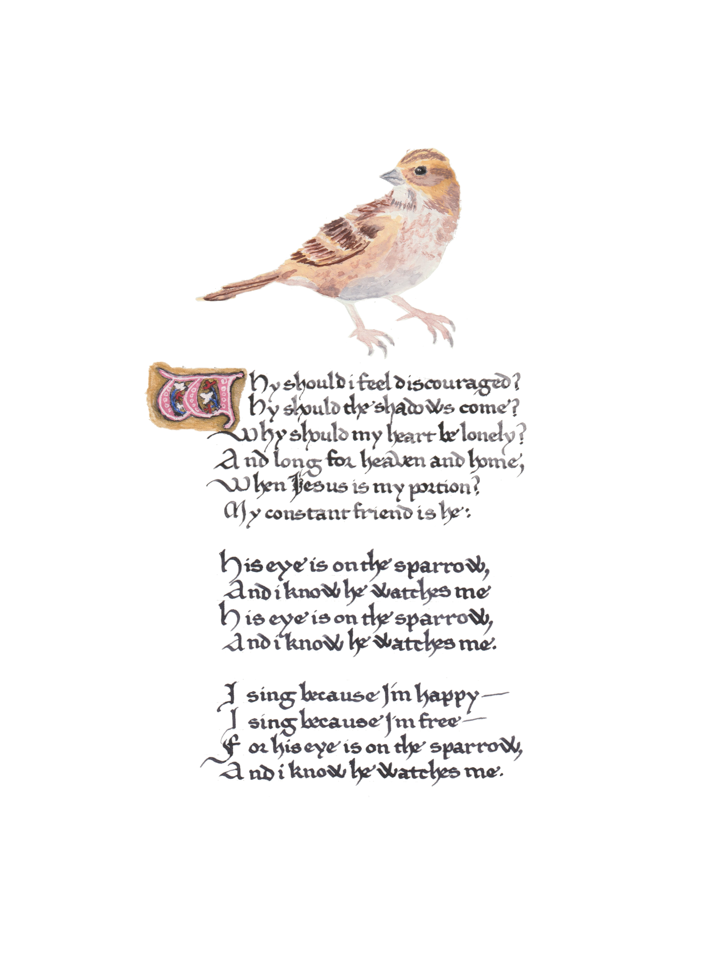 "His Eye is on the Sparrow" Calligraphy Greeting card